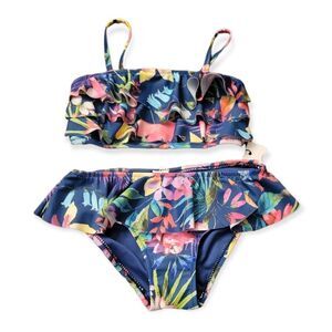 NWT Cadocado Girls Ruffle Bikini Swimsuit Tropical Print
